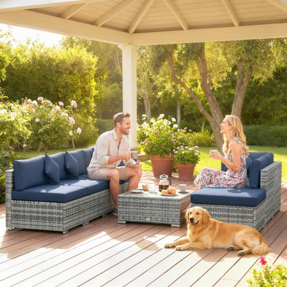 Outsunny 8 Pieces PE Rattan Corner Sofa Set, Outdoor Garden Furniture Set, Patio Wicker Sofa Seater with Cushion, Dark Blue
