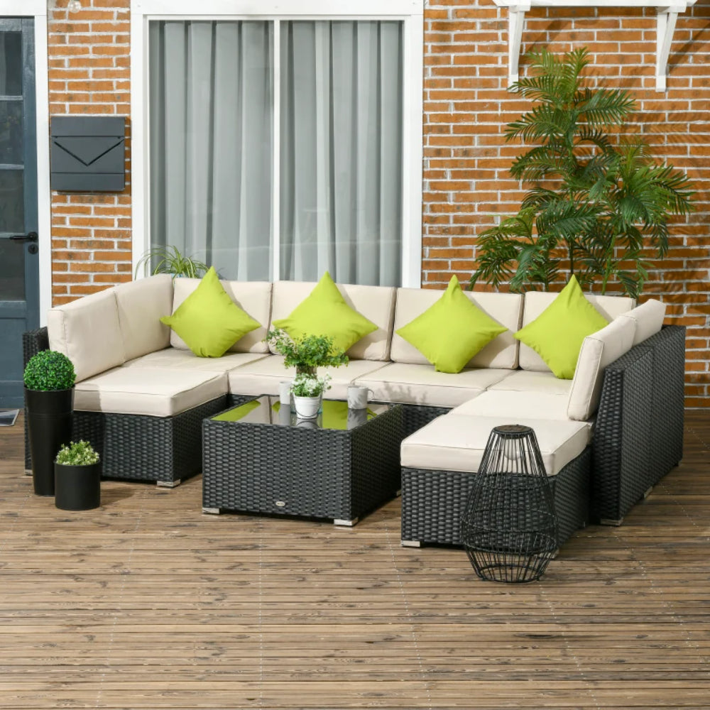 Outsunny 8 Pieces PE Rattan Corner Sofa Set, Patio Wicker Sofa Seater with Cushion, Washable Cushion Cover & Tempered Glass Table, Khaki
