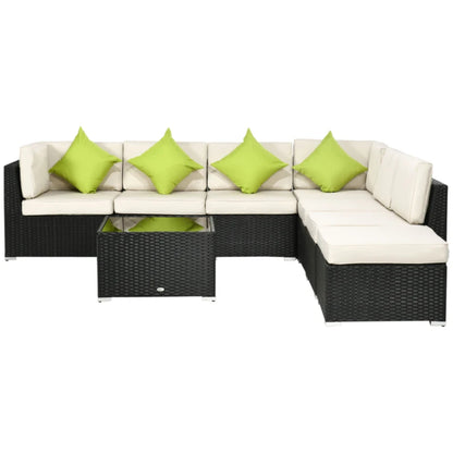 Outsunny 8 Pieces PE Rattan Corner Sofa Set, Patio Wicker Sofa Seater with Cushion, Washable Cushion Cover & Tempered Glass Table, Khaki