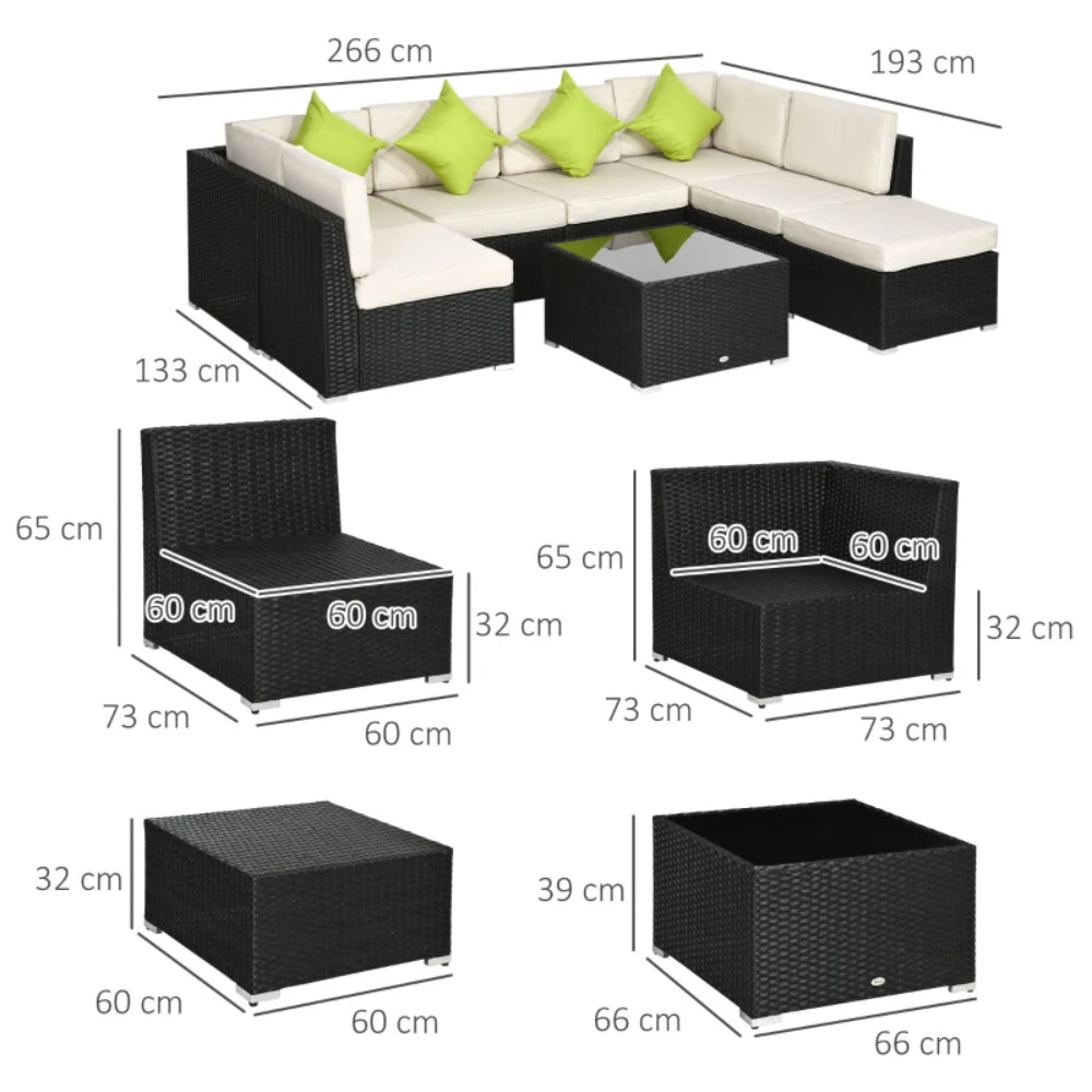 Outsunny 8 Pieces PE Rattan Corner Sofa Set, Patio Wicker Sofa Seater with Cushion, Washable Cushion Cover & Tempered Glass Table, Khaki