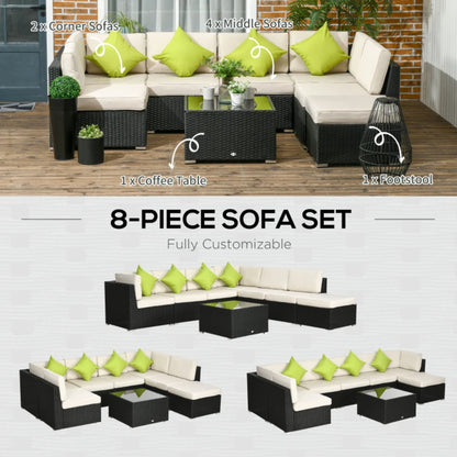 Outsunny 8 Pieces PE Rattan Corner Sofa Set, Patio Wicker Sofa Seater with Cushion, Washable Cushion Cover & Tempered Glass Table, Khaki