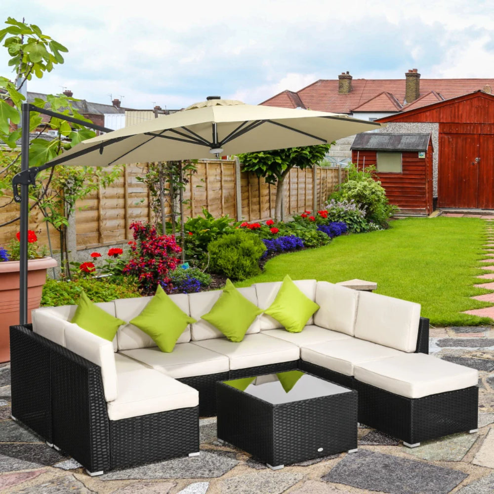 Outsunny 8 Pieces PE Rattan Corner Sofa Set, Patio Wicker Sofa Seater with Cushion, Washable Cushion Cover & Tempered Glass Table, Khaki