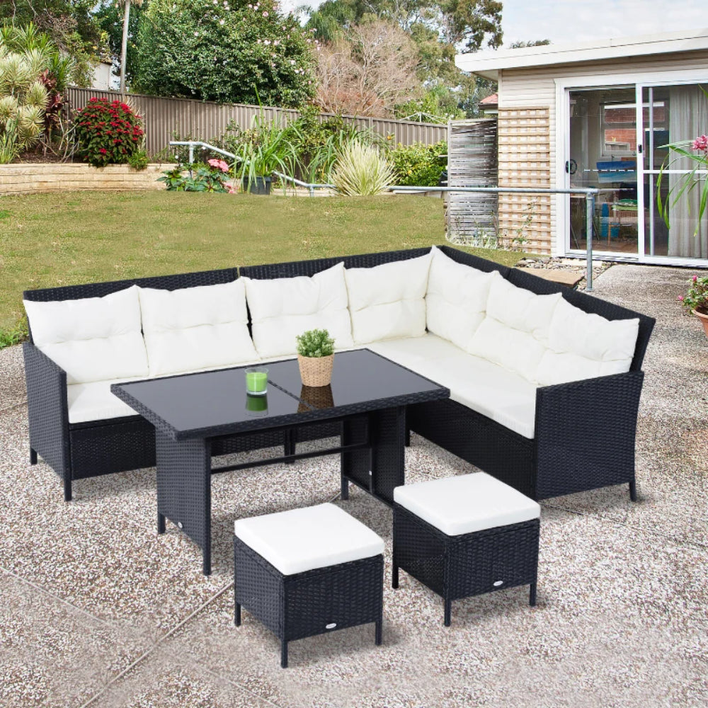 Outsunny 8-Seater Garden Rattan Furniture Rattan Corner Dining Sofa Set Wicker Conservatory Furniture Lawn Patio Coffee Table Foot Stool w/Cushion-Black