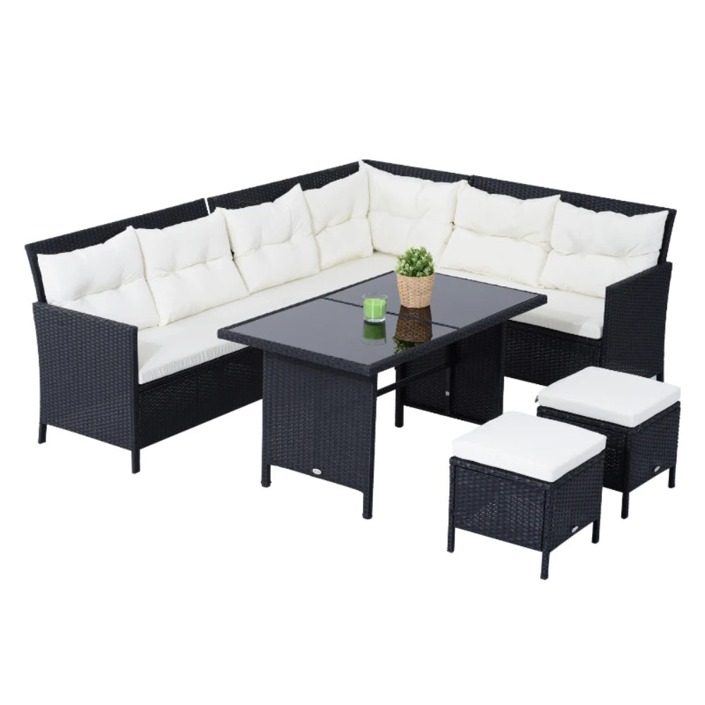 Outsunny 8-Seater Garden Rattan Furniture Rattan Corner Dining Sofa Set Wicker Conservatory Furniture Lawn Patio Coffee Table Foot Stool w/Cushion-Black