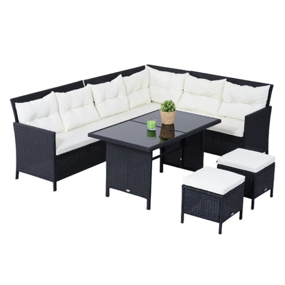 Outsunny 8-Seater Garden Rattan Furniture Rattan Corner Dining Sofa Set Wicker Conservatory Furniture Lawn Patio Coffee Table Foot Stool w/Cushion-Black