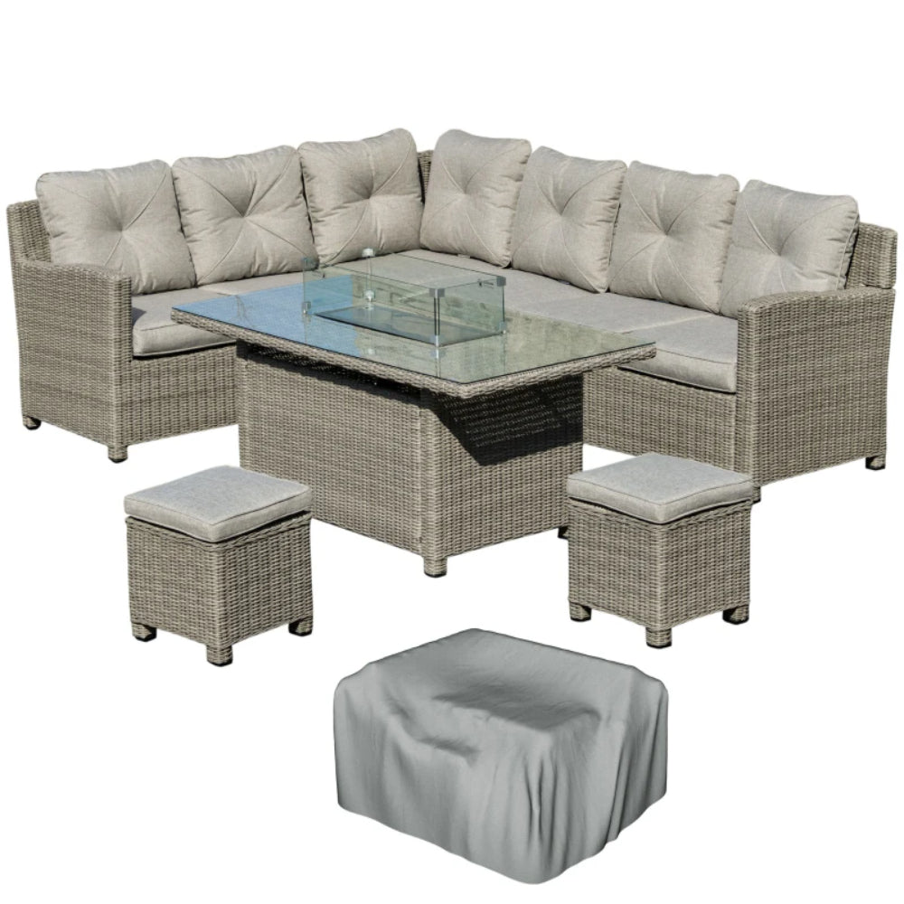 Outsunny 8-Seater Outdoor PE Rattan Sofa Set Conversation Set w/ Fire Pit Table, L-Shape Sofa, Footstool and Furniture Cover