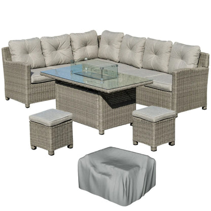 Outsunny 8-Seater Outdoor PE Rattan Sofa Set Conversation Set w/ Fire Pit Table, L-Shape Sofa, Footstool and Furniture Cover