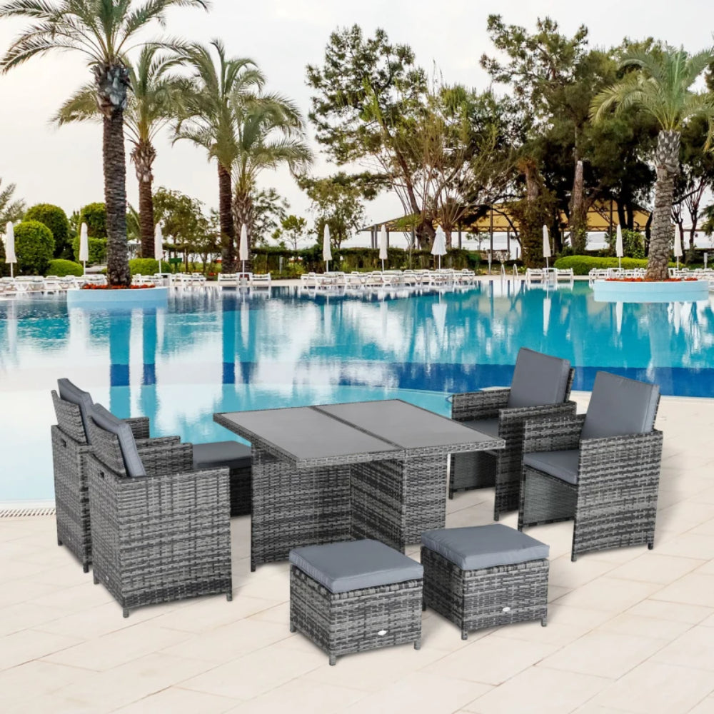 Outsunny 8-Seater Rattan Dining Set Garden Furniture Cushion Seat Woven Rattan Grey