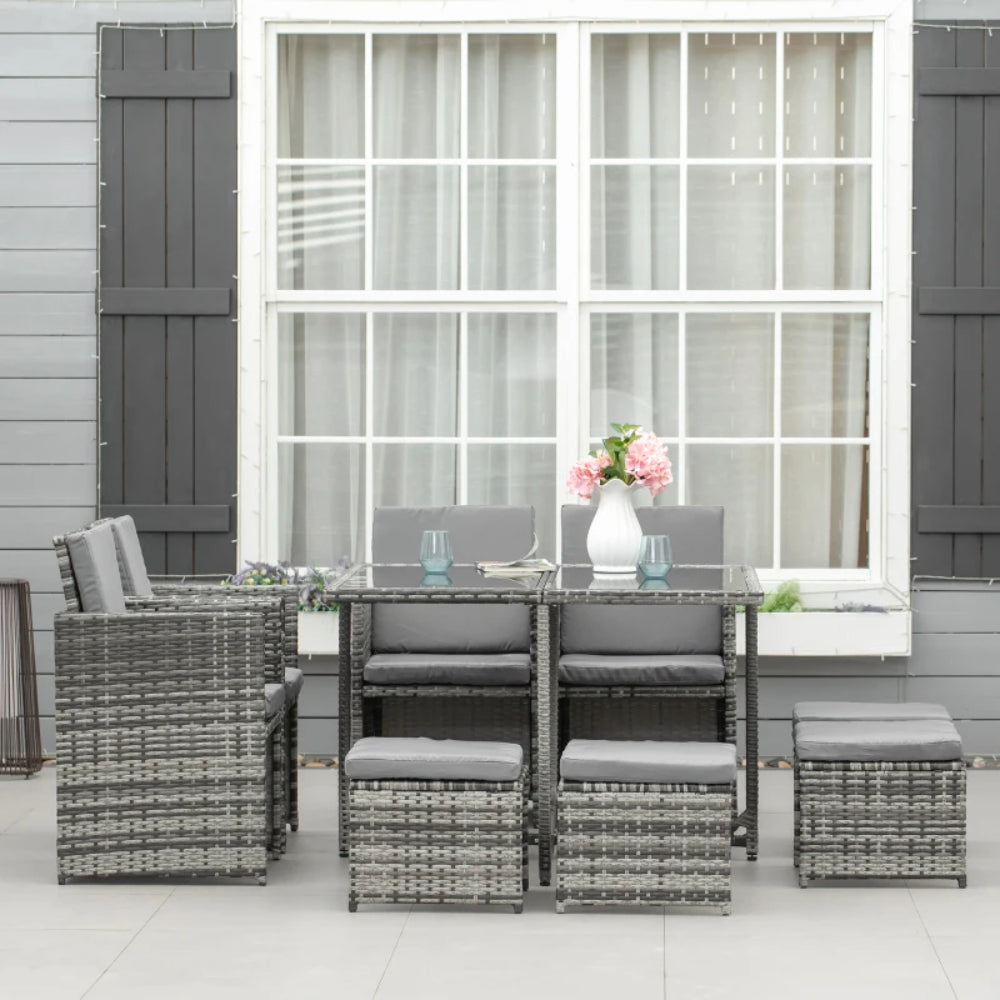 Outsunny 8-Seater Rattan Furniture Set Wicker Weave Patio Dining Table Seat