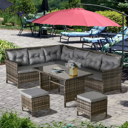 Outsunny 8 Seater Rattan Sofa Set, Rattan Garden Furniture Set with Tempered Glass Table & Thick Cushions, Grey