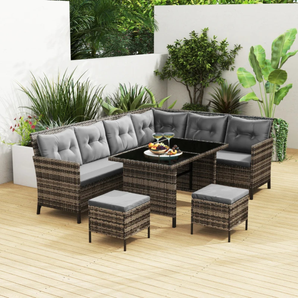 Outsunny 8 Seater Rattan Sofa Set, Rattan Garden Furniture Set with Tempered Glass Table & Thick Cushions, Grey
