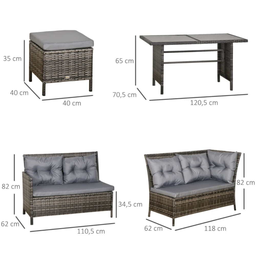 Outsunny 8 Seater Rattan Sofa Set, Rattan Garden Furniture Set with Tempered Glass Table & Thick Cushions, Grey