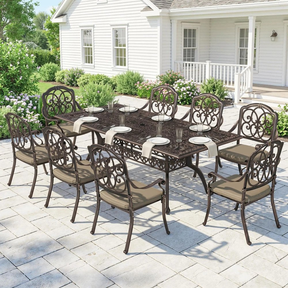 Outsunny 9 Piece Cast Aluminium Garden Dining Set, Garden Table and Chairs Set with Cushions, Parasol Hole for Patio, Bronze Tone 1