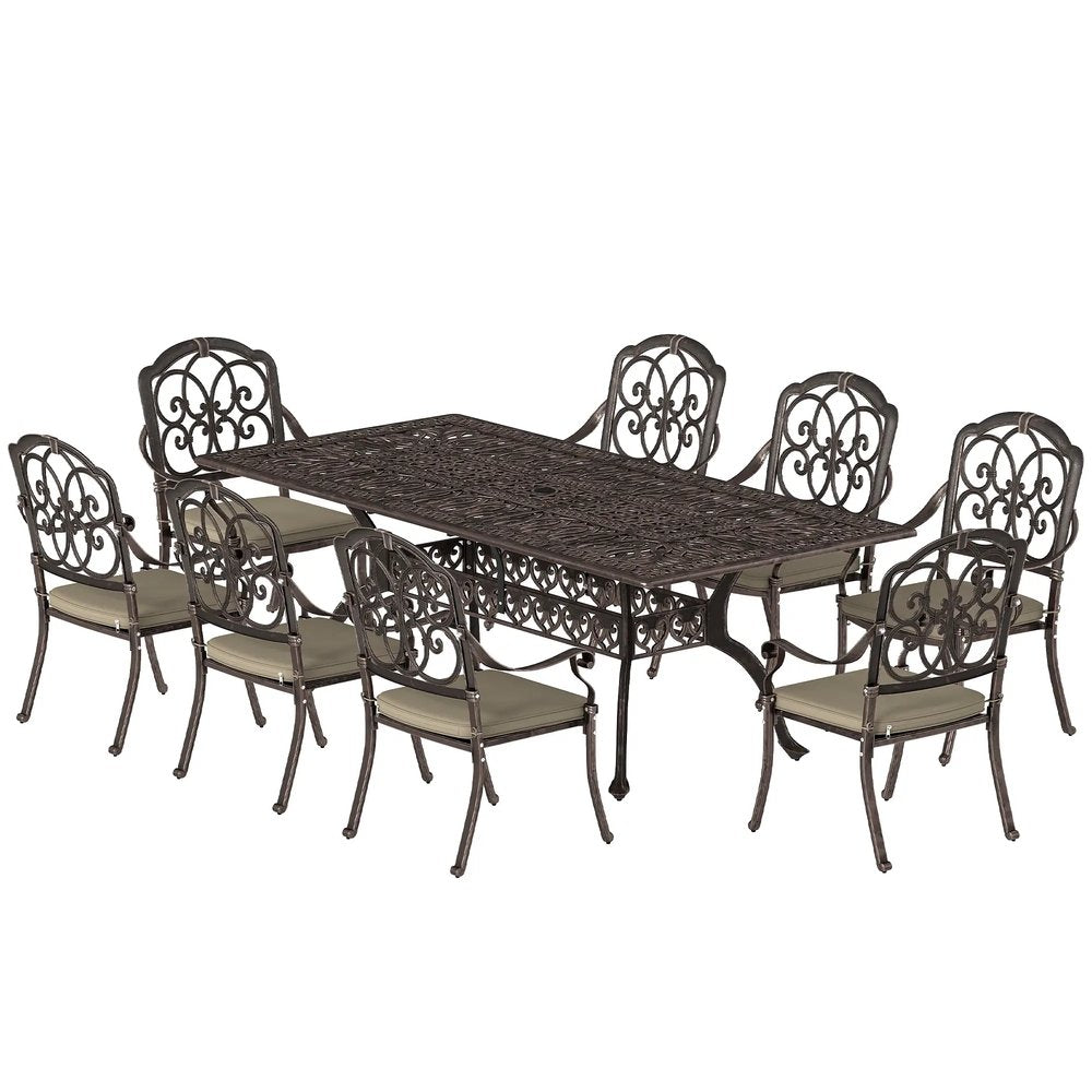 Outsunny 9 Piece Cast Aluminium Garden Dining Set, Garden Table and Chairs Set with Cushions, Parasol Hole for Patio, Bronze Tone 10