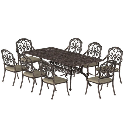 Outsunny 9 Piece Cast Aluminium Garden Dining Set, Garden Table and Chairs Set with Cushions, Parasol Hole for Patio, Bronze Tone 10