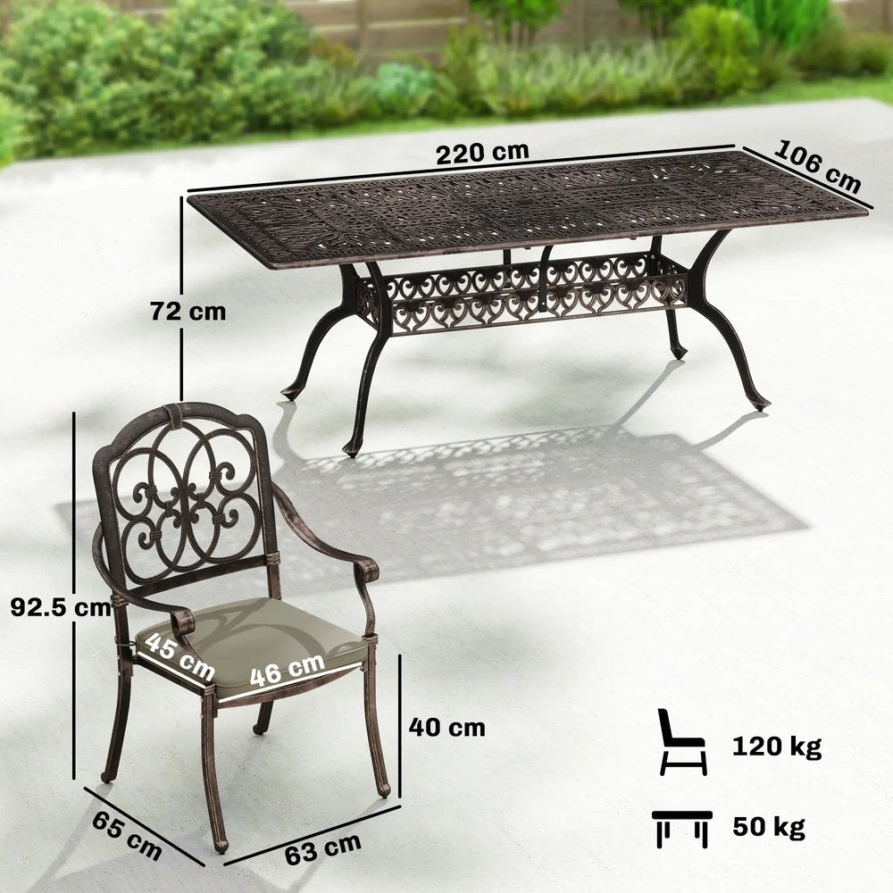 Outsunny 9 Piece Cast Aluminium Garden Dining Set, Garden Table and Chairs Set with Cushions, Parasol Hole for Patio, Bronze Tone 2