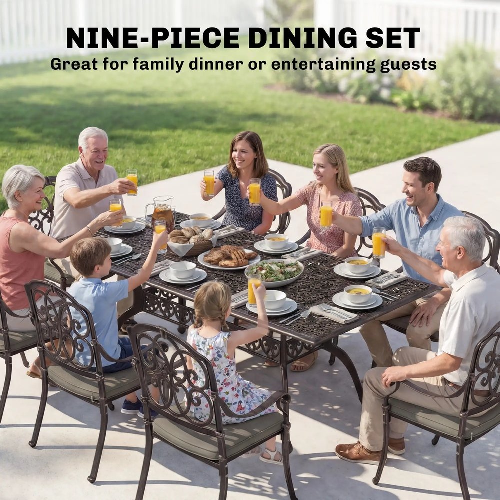Outsunny 9 Piece Cast Aluminium Garden Dining Set, Garden Table and Chairs Set with Cushions, Parasol Hole for Patio, Bronze Tone 3