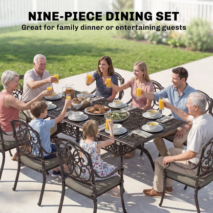 Outsunny 9 Piece Cast Aluminium Garden Dining Set, Garden Table and Chairs Set with Cushions, Parasol Hole for Patio, Bronze Tone 3