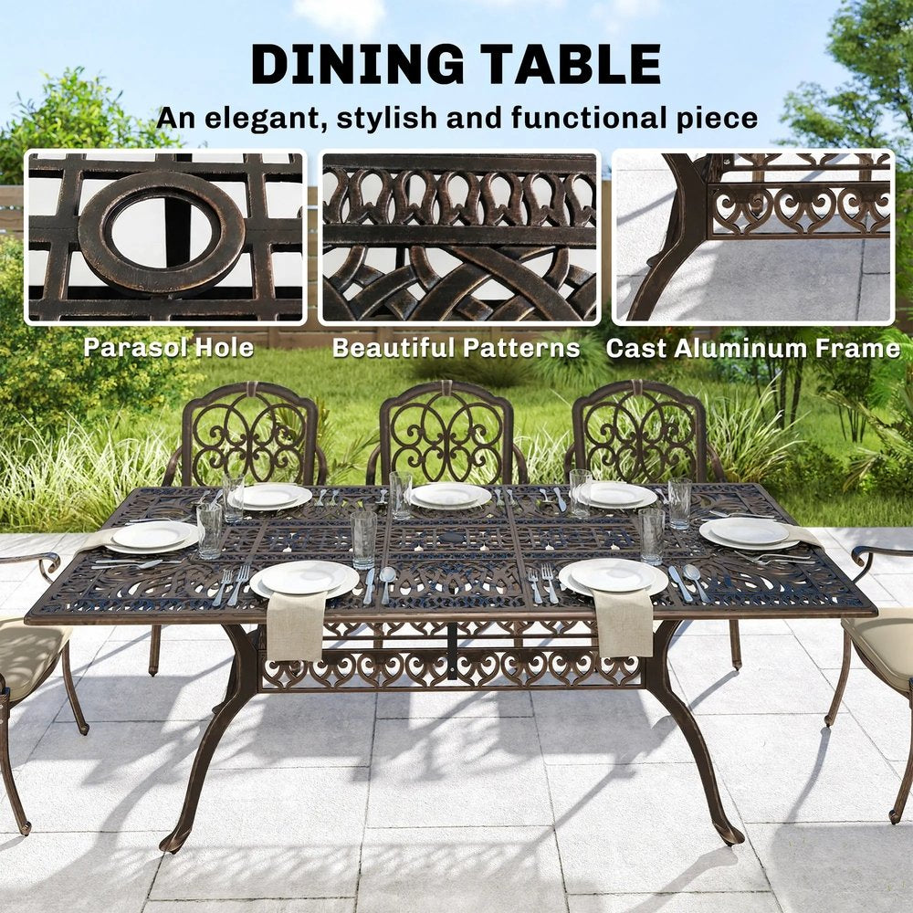 Outsunny 9 Piece Cast Aluminium Garden Dining Set, Garden Table and Chairs Set with Cushions, Parasol Hole for Patio, Bronze Tone 5