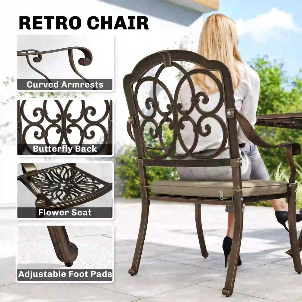 Outsunny 9 Piece Cast Aluminium Garden Dining Set, Garden Table and Chairs Set with Cushions, Parasol Hole for Patio, Bronze Tone 6