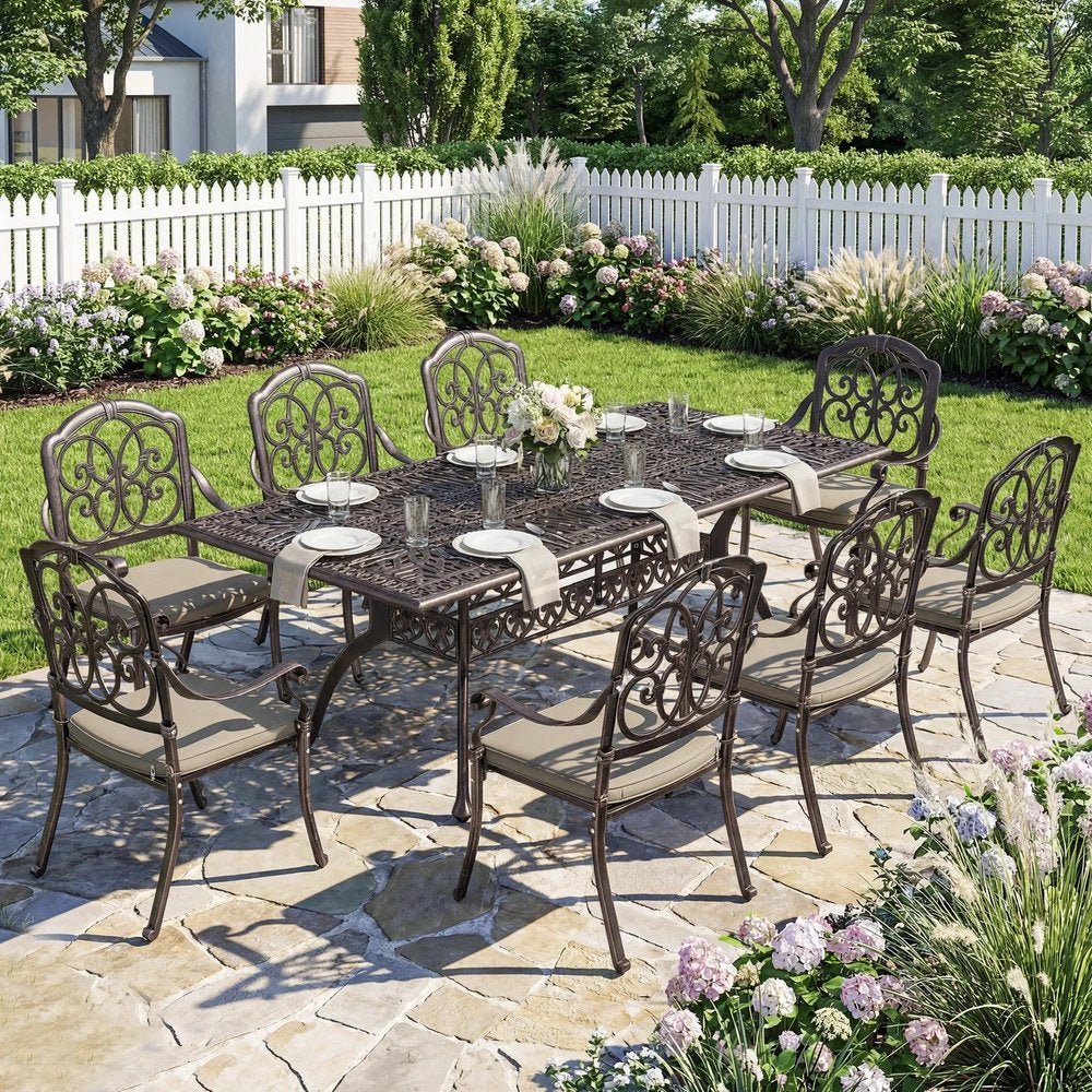 Outsunny 9 Piece Cast Aluminium Garden Dining Set, Garden Table and Chairs Set with Cushions, Parasol Hole for Patio, Bronze Tone 7