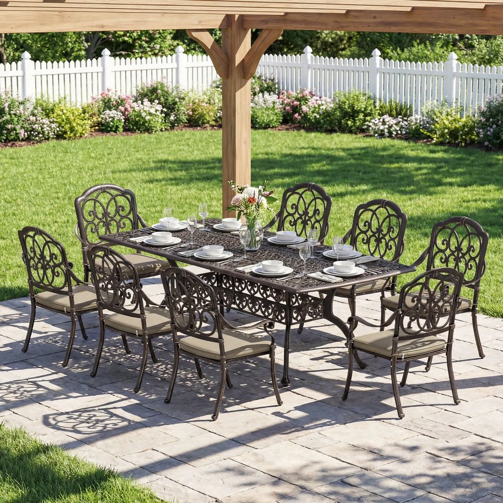 Outsunny 9 Piece Cast Aluminium Garden Dining Set, Garden Table and Chairs Set with Cushions, Parasol Hole for Patio, Bronze Tone 8