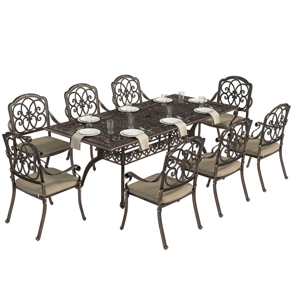 Outsunny 9 Piece Cast Aluminium Garden Dining Set, Garden Table and Chairs Set with Cushions, Parasol Hole for Patio, Bronze Tone 9