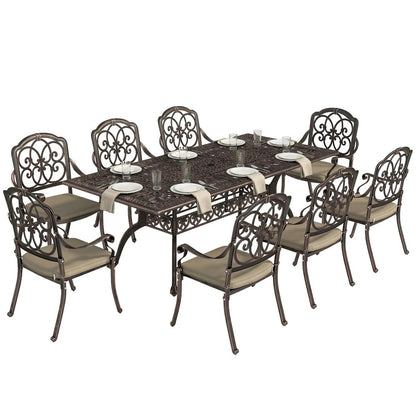 Outsunny 9 Piece Cast Aluminium Garden Dining Set, Garden Table and Chairs Set with Cushions, Parasol Hole for Patio, Bronze Tone 9