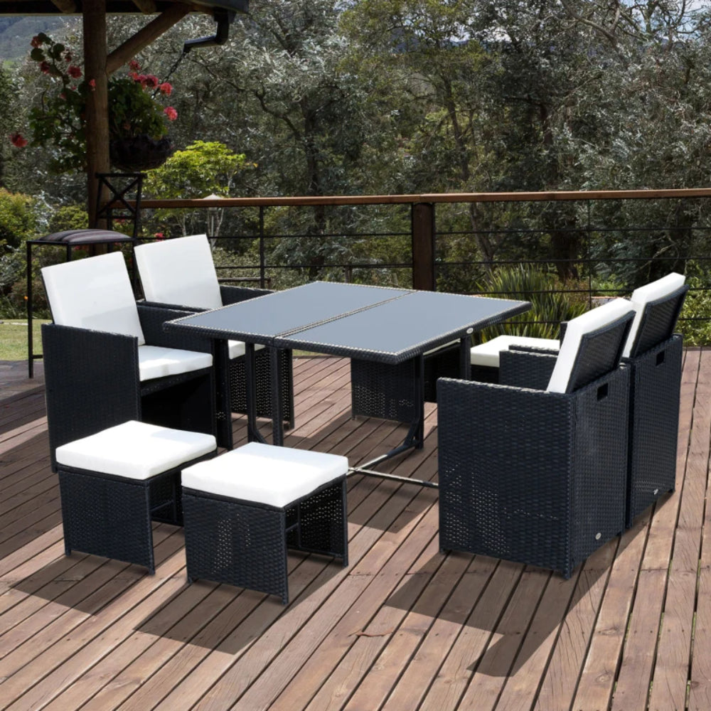 Outsunny 9 Piece Rattan Cube Garden Furniture Dining Set with Armchairs, Footstools and Glass-Top Table