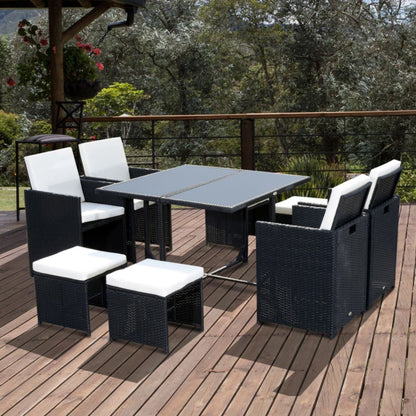 Outsunny 9 Piece Rattan Cube Garden Furniture Dining Set with Armchairs, Footstools and Glass-Top Table