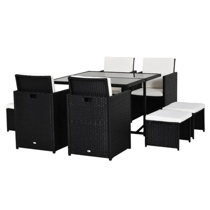 Outsunny 9 Piece Rattan Cube Garden Furniture Dining Set with Armchairs, Footstools and Glass-Top Table