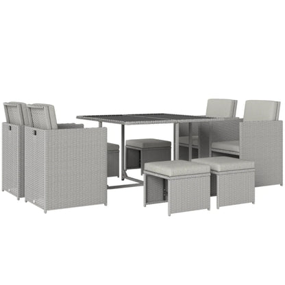 Outsunny 9 Piece Rattan Cube Garden Furniture Dining Set with Armchairs, Footstools and Glass-Top Table