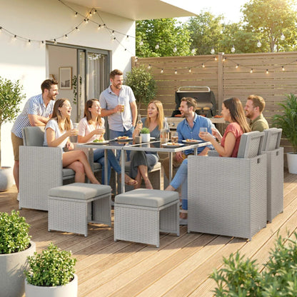 Outsunny 9 Piece Rattan Cube Garden Furniture Dining Set with Armchairs, Footstools and Glass-Top Table