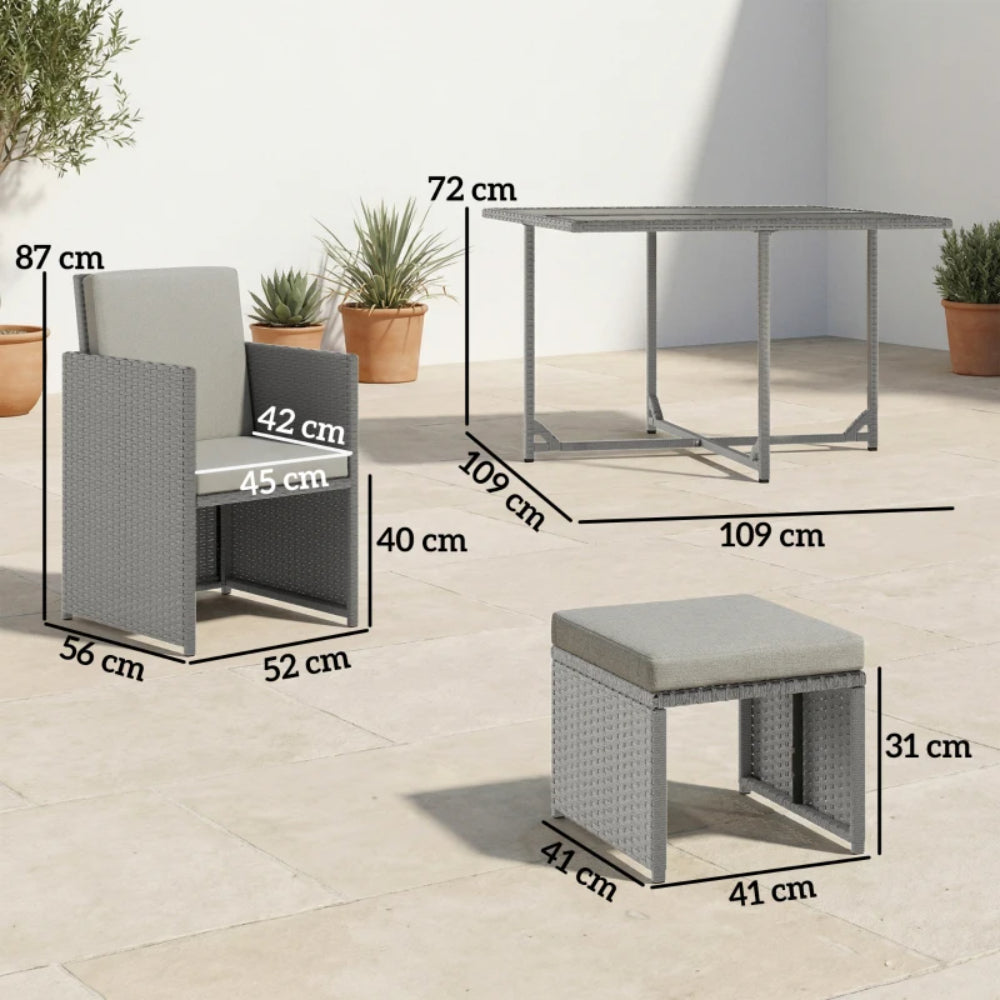 Outsunny 9 Piece Rattan Cube Garden Furniture Dining Set with Armchairs, Footstools and Glass-Top Table
