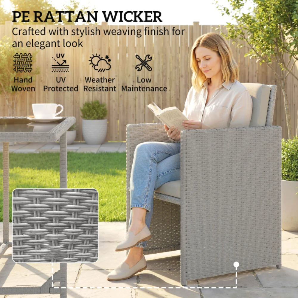 Outsunny 9 Piece Rattan Cube Garden Furniture Dining Set with Armchairs, Footstools and Glass-Top Table