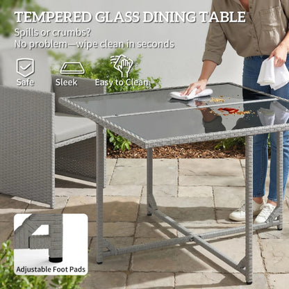 Outsunny 9 Piece Rattan Cube Garden Furniture Dining Set with Armchairs, Footstools and Glass-Top Table