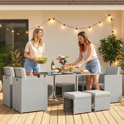 Outsunny 9 Piece Rattan Cube Garden Furniture Dining Set with Armchairs, Footstools and Glass-Top Table