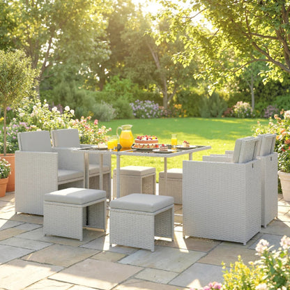 Outsunny 9 Piece Rattan Cube Garden Furniture Dining Set with Armchairs, Footstools and Glass-Top Table