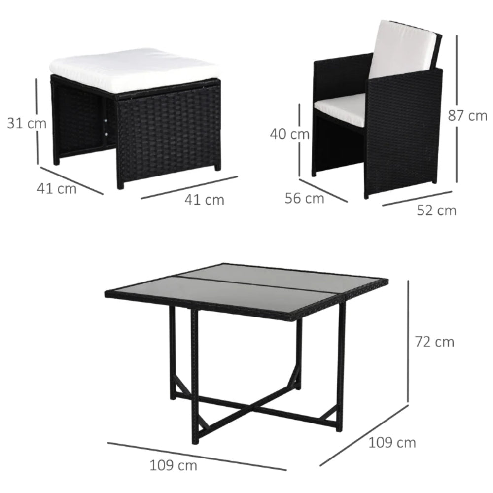 Outsunny 9 Piece Rattan Cube Garden Furniture Dining Set with Armchairs, Footstools and Glass-Top Table
