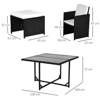 Outsunny 9 Piece Rattan Cube Garden Furniture Dining Set with Armchairs, Footstools and Glass-Top Table
