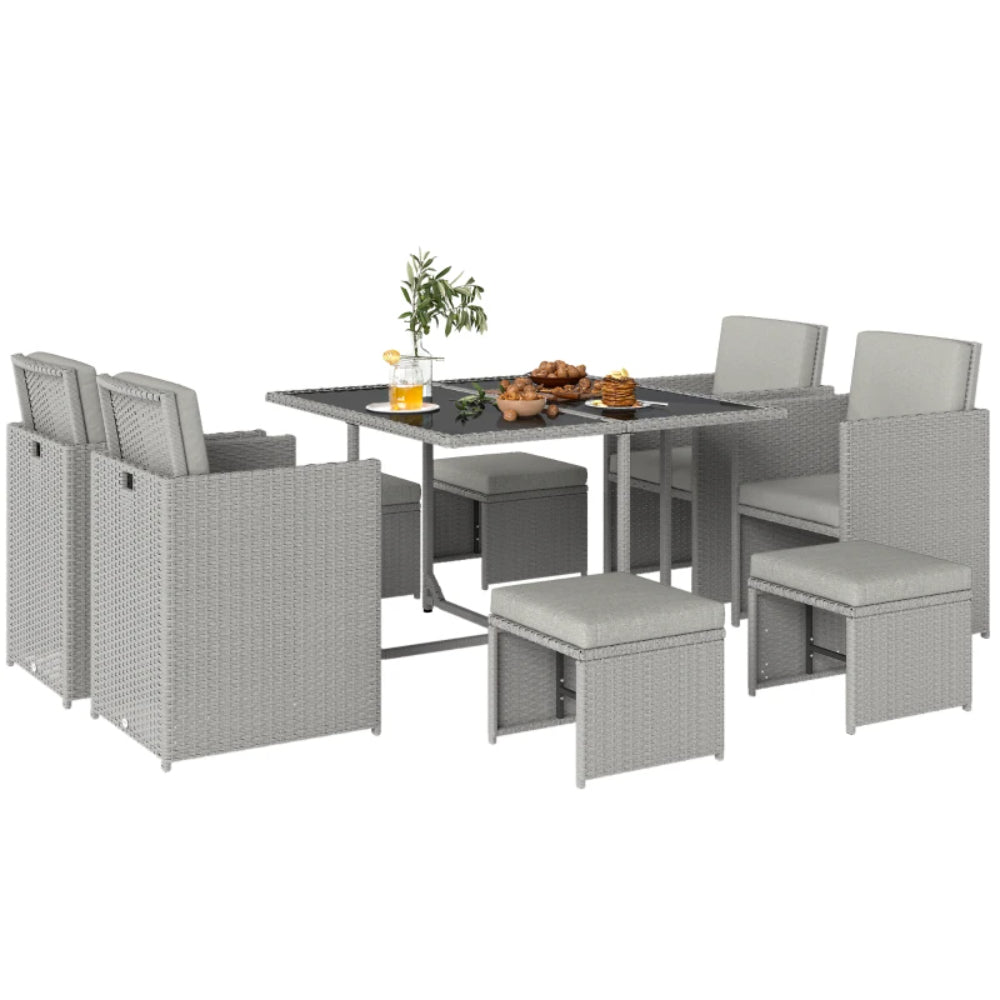 Outsunny 9 Piece Rattan Cube Garden Furniture Dining Set with Armchairs, Footstools and Glass-Top Table