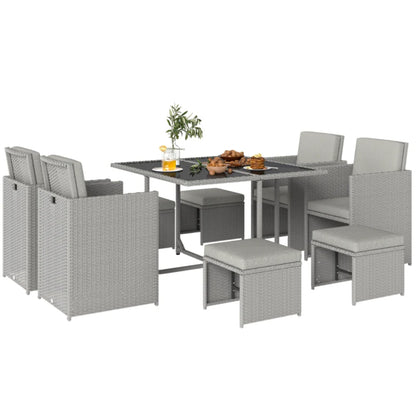 Outsunny 9 Piece Rattan Cube Garden Furniture Dining Set with Armchairs, Footstools and Glass-Top Table