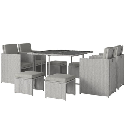 Outsunny 9 Piece Rattan Cube Garden Furniture Dining Set with Armchairs, Footstools and Glass-Top Table