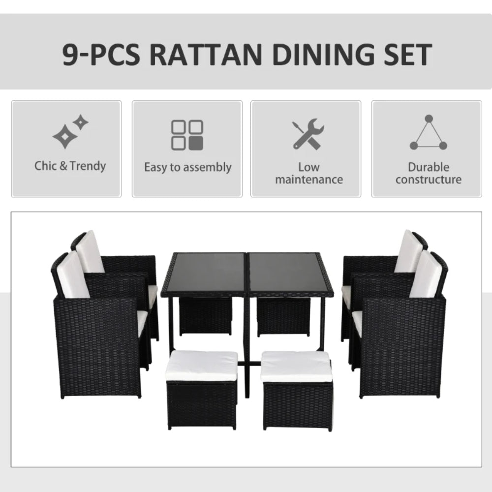 Outsunny 9 Piece Rattan Cube Garden Furniture Dining Set with Armchairs, Footstools and Glass-Top Table