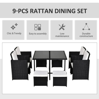 Outsunny 9 Piece Rattan Cube Garden Furniture Dining Set with Armchairs, Footstools and Glass-Top Table