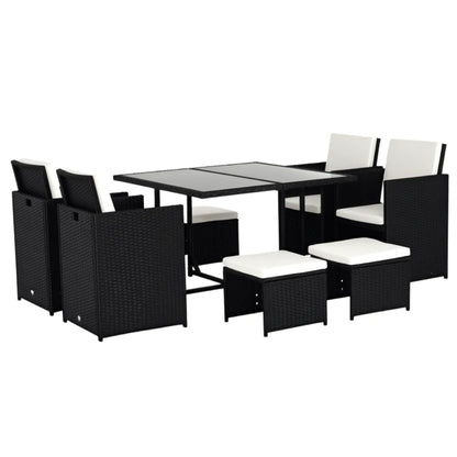 Outsunny 9 Piece Rattan Cube Garden Furniture Dining Set with Armchairs, Footstools and Glass-Top Table