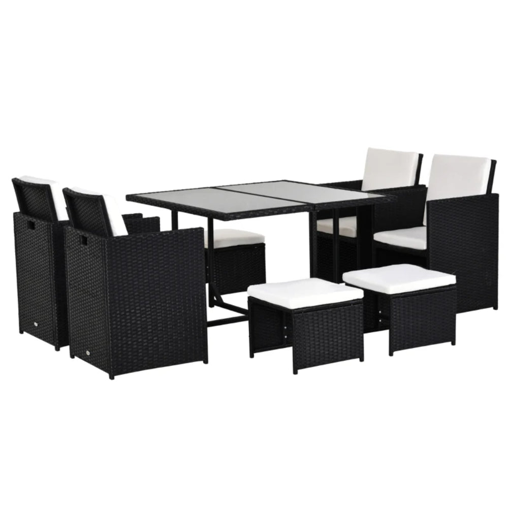 Outsunny 9 Piece Rattan Cube Garden Furniture Dining Set with Armchairs, Footstools and Glass-Top Table
