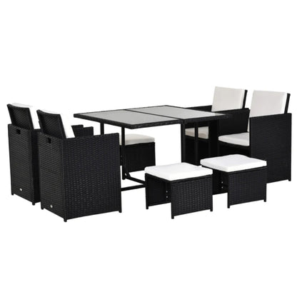 Outsunny 9 Piece Rattan Cube Garden Furniture Dining Set with Armchairs, Footstools and Glass-Top Table