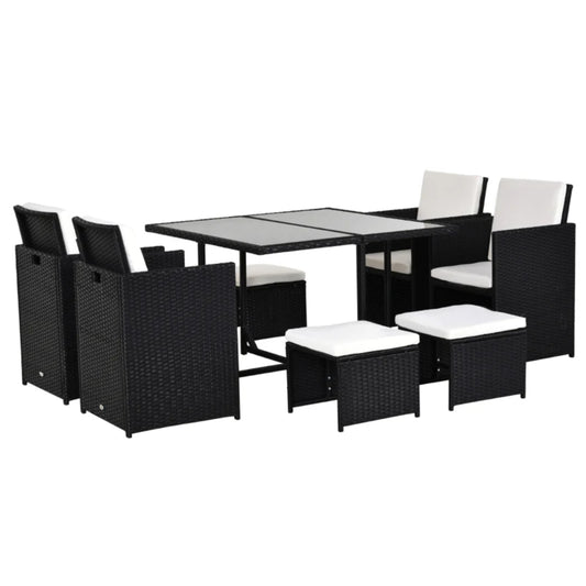 Outsunny 9 Piece Rattan Cube Garden Furniture Dining Set with Armchairs, Footstools and Glass-Top Table