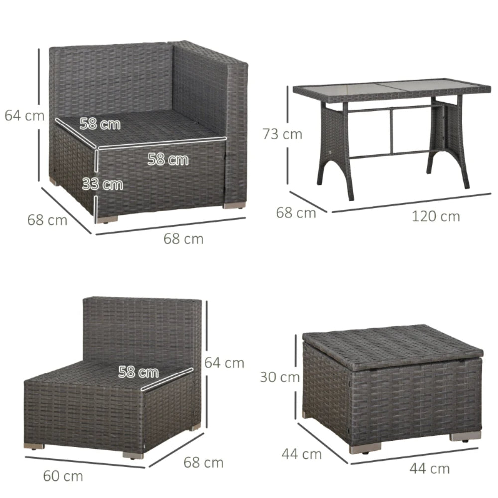 Outsunny 9-Seater Garden Rattan Furniture 10 Pcs Rattan Corner Dining Sofa Set, Grey/Dusty Blue Cushion